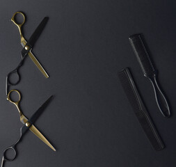 Composition with scissors and other hairdresser's accessories on white background, top view