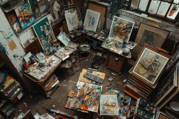 Overhead view of an artists studio filled with paintings on walls, paintbrushes, and unfinished artworks, creating a chaotic yet inspiring scene
