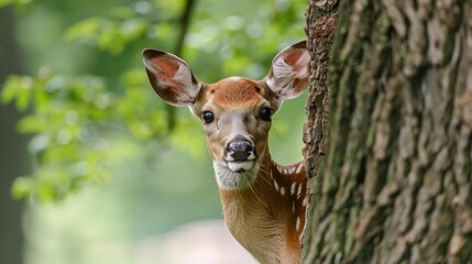 A cute deer is hiding behind a tree, peeking out at the world with its big, curious eyes.