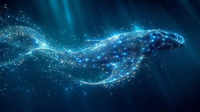 Depicting the ocean and a manta ray, this abstract low poly background features a plexus of lines, triangles, and points. The vector illustration captures the dynamic essence of marine environments.