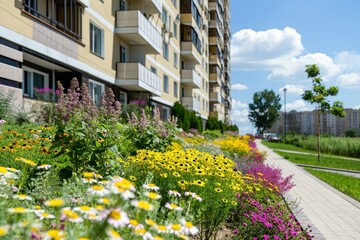A vibrant urban flowerbed beside an apartment block under a clear blue sky