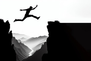 silhouette Man jumping over precipice between two mountains Isolated on white background