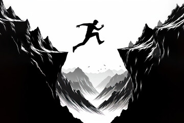 silhouette Man jumping over precipice between two mountains Isolated on white background
