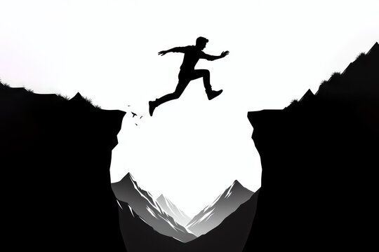 silhouette Man jumping over precipice between two mountains Isolated on white background