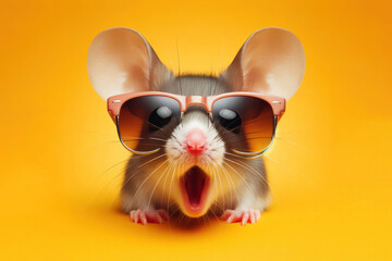 Surprised photo mouse wearing sunglasses Isolated on yellow background