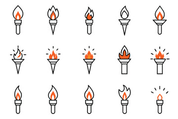 Set of Burning torch line icon, outline vector logo illustration, linear pictogram Silhouette Design with white Background and Vector Illustration
