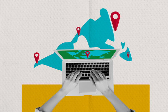 Composite collage picture image of hands typing laptop geolocation map world unusual fantasy billboard comics zine