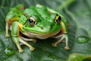 A green frog peeks out of a leaf, high quality, high resolution