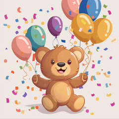 Cute teddy bear with balloons and confetti. Vector illustration.