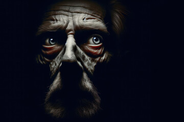 old man face in the dark with spot light , concept of fearful Isolated on black background