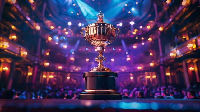 Award ceremony for a teacher featuring a golden trophy under spotlight with appreciative students in the background.
