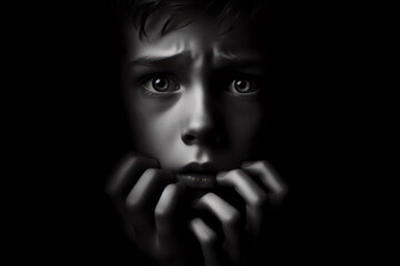 Boy face in the dark, concept of fearful Isolated on black background