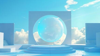Blue podiumo with blue sky and soft clouds product display stand abstract background, Background with architectural elements Large window overlooking the sky Modern trendy design