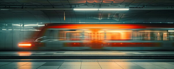 Fast train in motion blur at an underground station, light orange and dark grey, double exposure, backlighting
