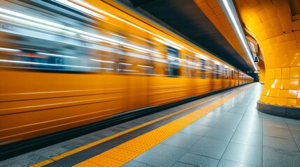 Fototapeta premium Modern urban subway station, fast-moving train blur, orange and yellow tones, high-speed capture, long exposure, wide-angle