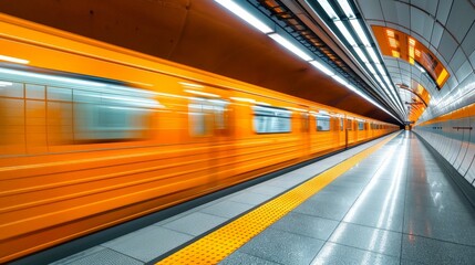 Obraz premium Motion blur of a fast train in a subway station, walls and platform blurred under yellow light, empty