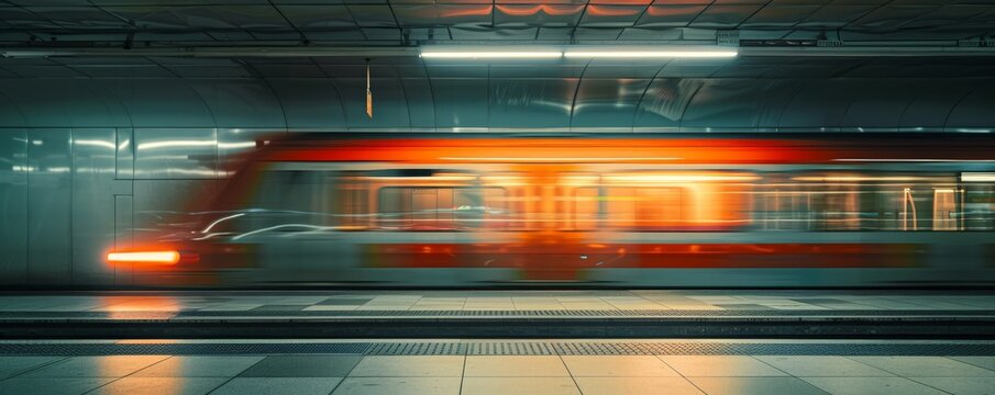 Fast train in motion blur at an underground station, light orange and dark grey, double exposure, backlighting