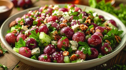 Salad of fresh grapes, celery, walnuts and crumbled feta cheese, with lemon and honey dressing.