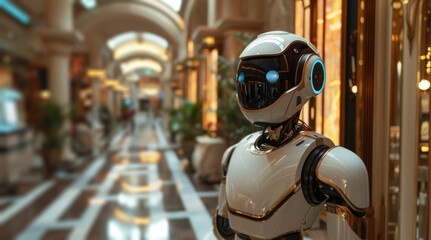 A robot is positioned in the center of a hallway, seemingly paused in its movement.