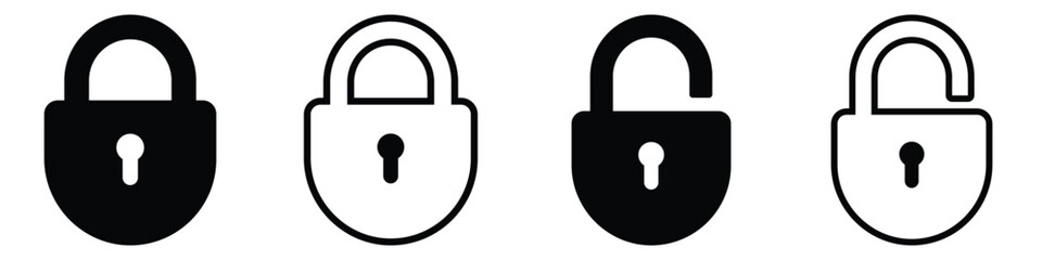 Lock icon collection. Locked and unlocked black line icon set. Vector illustration. Flat security symbol. white background. Set of Silhouette of locked and unlocked padlock.
