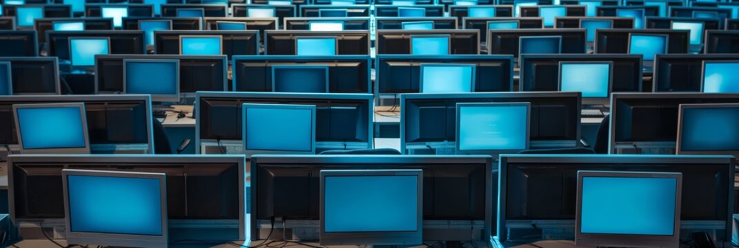 A vast array of identical blue computer monitors in an organized IT control room setting