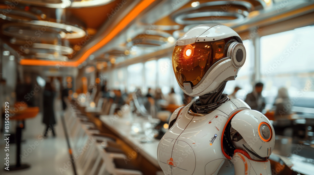 Poster a robot is positioned in front of a counter, displaying a futuristic scene.