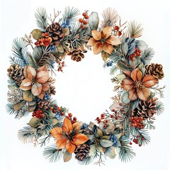 Fototapeta premium Watercolor and metallic Christmas wreath, crisply isolated for holiday banners on white