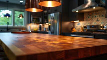 A close-up view of a butcher block countertop in a Modern Craftsman kitchen, lit by modern pendant lights that emphasize the wood's rich texture