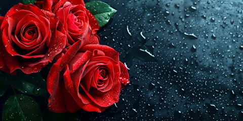 Red roses on dark background poster. Beautiful red flowers with water drops horizontal banner. Raster bitmap digital illustration. Photo style. AI artwork. 