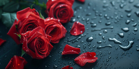 Red roses on dark background poster. Beautiful red flowers with water drops horizontal banner. Raster bitmap digital illustration. Photo style. AI artwork. 