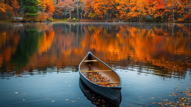 Calm autumn scene with a canoe resting on a still lake surrounded by vibrant foliage.