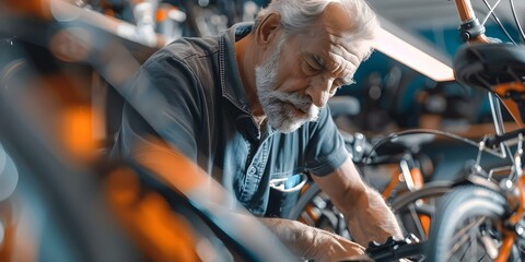 Elderly man repairing bikes in a bicycle repair shop. Concept Bicycle Repair, Elderly Craftsman, Workshop Environment, Vintage Tools, Hands-on Repair