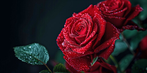 Red roses on dark background poster. Beautiful red flowers with water drops horizontal banner. Raster bitmap digital illustration. Photo style. AI artwork. 