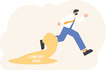 a man tries to get out of a comfort zone but is held back by hands. trying to get out of habits and routines. change and develop themselves. cartoon concept illustration. vector design

