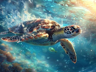 Obraz premium Dynamic Illustration of Sea Turtle Swimming