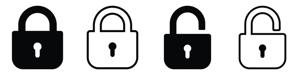 Lock icon collection. Locked and unlocked black line icon set. Vector illustration. Flat security symbol. white background. Set of Silhouette of locked and unlocked padlock.
