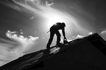 construction worker hard at work on a roof, surrounded by tools and materials as they labor tirelessly under the open sky