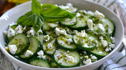 Obraz premium Fresh cucumber salad with pesto and soft cottage cheese and basil.