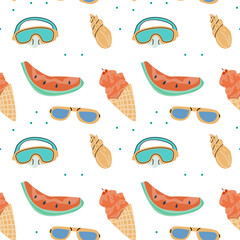 Obraz premium Summer vacation seamless pattern with beach elements and accessories. Can used for print for textile, wallpaper, backdrops.