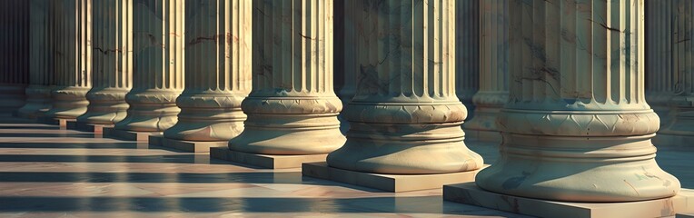 Classical architecture with strong columns in soft light. Symmetry and strength in design displayed. Perfect for legal and historical concepts. AI