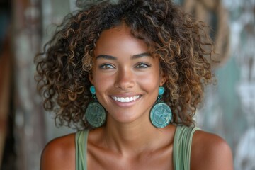 Depicting a  curly haired, smiling woman in a green tank and blue earrings