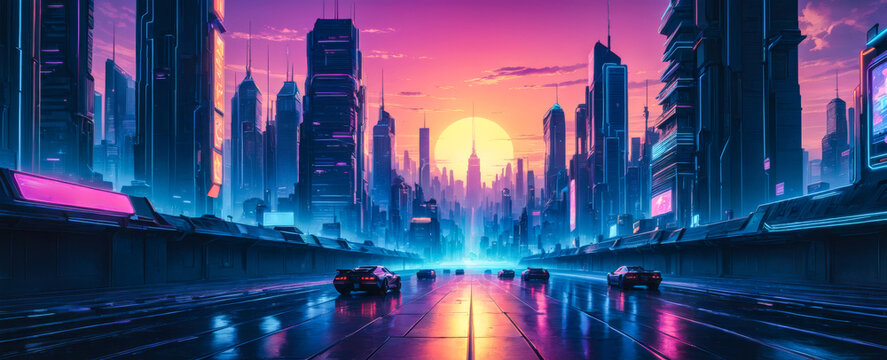 Synthwave city, neon futuristic cyberpunk cityscape,  street with skyscrapers and cars, vaporwave skyline, retro music background illustration, purple and blue neon colors
