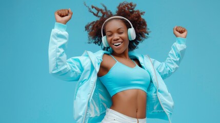 Joyful Young Woman Dancing with Headphones.