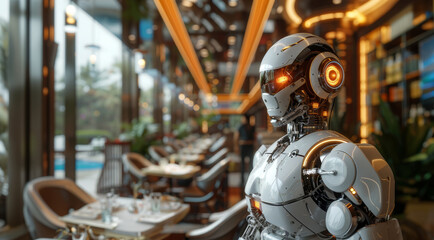 A humanoid robot waiter stands ready in a contemporary restaurant with evening light filtering through windows.