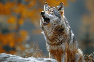 Portrait of a wolf howling in the forest in autumn