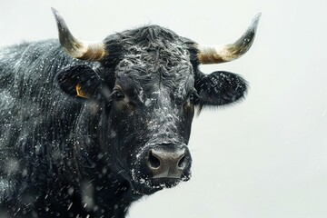 Portrait of a black cow in the snow, close-up