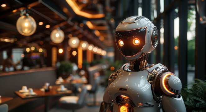 A humanoid robot with glowing eyes stands ready to assist in a contemporary eatery.