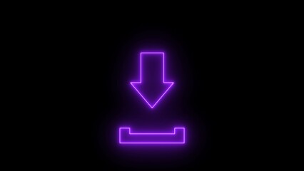 Download button icon, arrow symbol. Glowing neon download sign, logo icon below. Neon bright download.