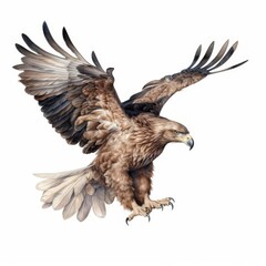 Obraz premium A bald eagle soars through the sky, its wings outstretched and its feathers glistening in the sun watercolor illustration on white background