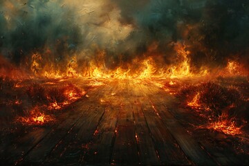 Digital image of  wooden floor is burning with fire in front of it